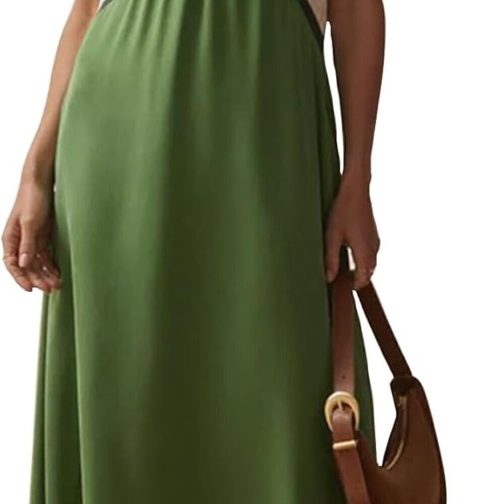 Women's Satin Color Block Maxi Dress V Neck Side Zip Summer Vacation